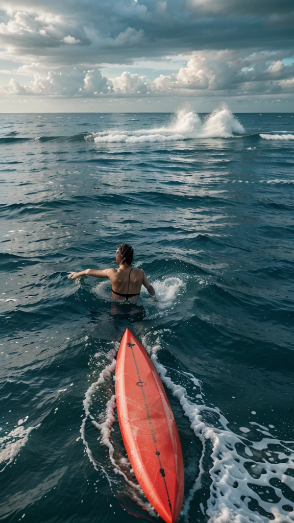 "In a sunny beach setting, calm waters stretch to the horizon. In the swimming area, a person is swimming alone, but with risky behavior. She seems to be swimming away from the shore, ignoring red warning flags and strong current signs. ao redor, surfers and lifeguards watch with concern. The sky is clear, but dark clouds are gathering in the distance, suggesting imminent climate change. The person is carefree, but the situation clearly highlights the dangers of swimming in areas with strong currents and without following safety guidelines."