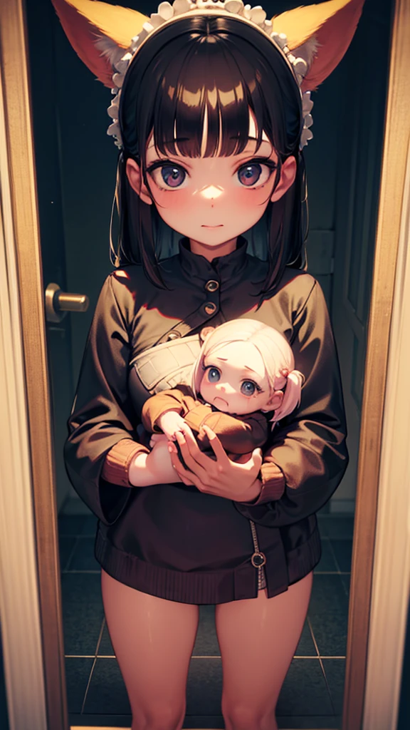 1 woman is holding a baby , with a face full of wounds, looking at the mirror, gaya 3D, Fantasy