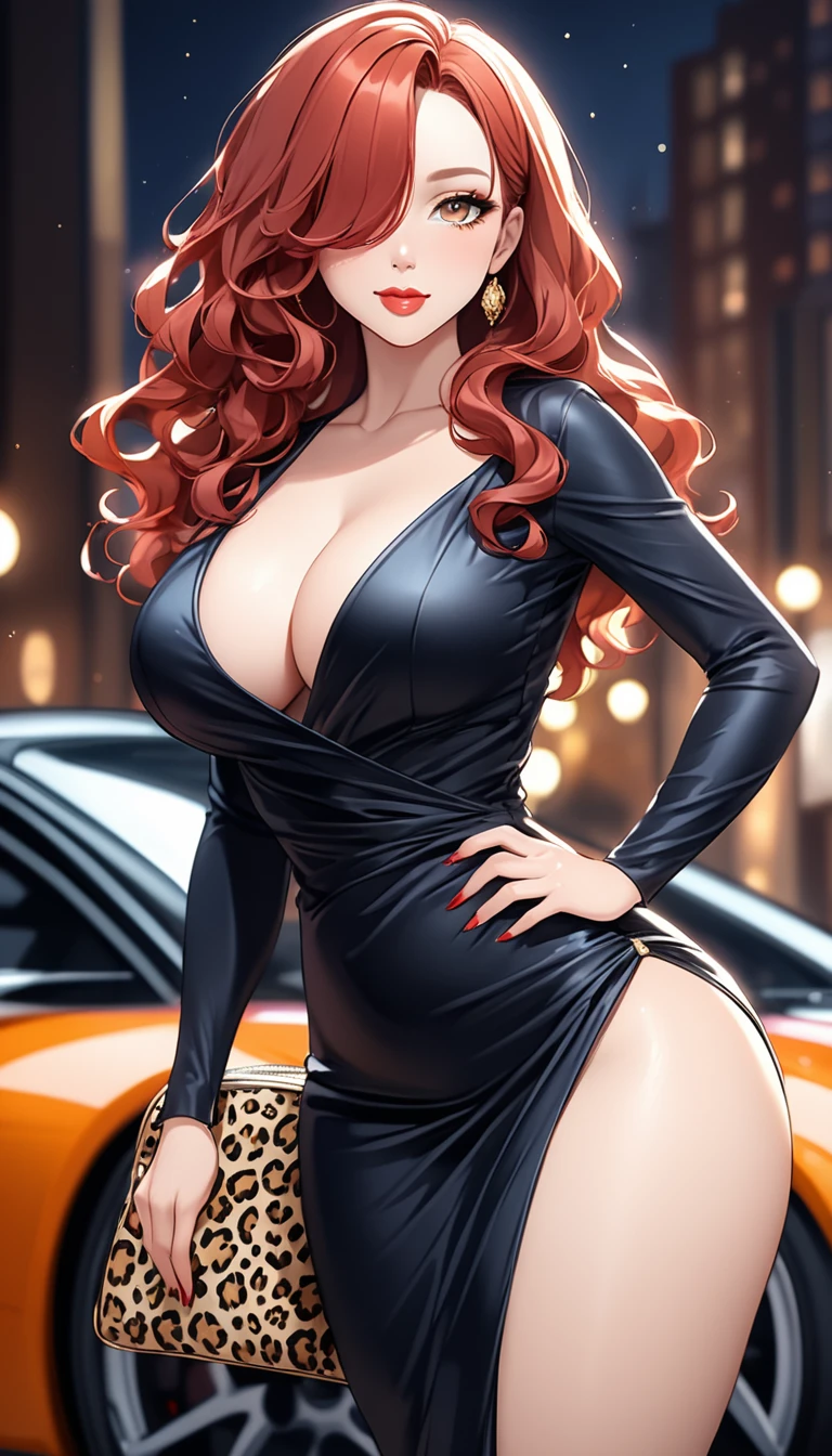 (((masterpiece))),(((High resolution)))、(((8K quality)))、(((Perfect Face)))、((Top quality eyes)), Attractive 40 year old woman, Anime Style、Too many bangs、Wavy Hair, Medium Hair, ((hair over one eye)), Redhead, Small eyes, Brown eyes, Beautiful Eyes、red and thick lips、Big Breasts、Big Ass、night、Cleavage、Very beautiful face、cowboy shot, A dry look with a leopard print bag and a black dress. Add a touch of glamor with gold accessories, Natural smile、Standing next to a luxury sports car、noon、Sexy pose、Shallow depth of field、
