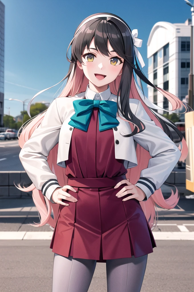 masterpiece, Highest quality, High resolution, Hmm, Profited \(Kantai Collection\), Multicolored Hair, White hair band, White jacket, Purple Dress, , Grey pantyhose, Aqua Bow Tie, Long sleeve, Cowboy Shot, Standing outdoors, Hands on hips, smile, Open your mouth,