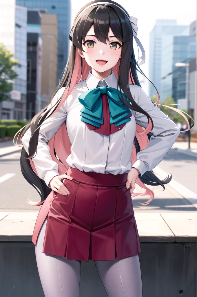 masterpiece, Highest quality, High resolution, Hmm, Profited \(Kantai Collection\), Multicolored Hair, White hair band, White jacket, Purple Dress, , Grey pantyhose, Aqua Bow Tie, Long sleeve, Cowboy Shot, Standing outdoors, Hands on hips, smile, Open your mouth,