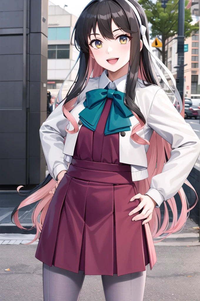 masterpiece, Highest quality, High resolution, Hmm, Profited \(Kantai Collection\), Multicolored Hair, White hair band, White jacket, Purple Dress, , Grey pantyhose, Aqua Bow Tie, Long sleeve, Cowboy Shot, Standing outdoors, Hands on hips, smile, Open your mouth,