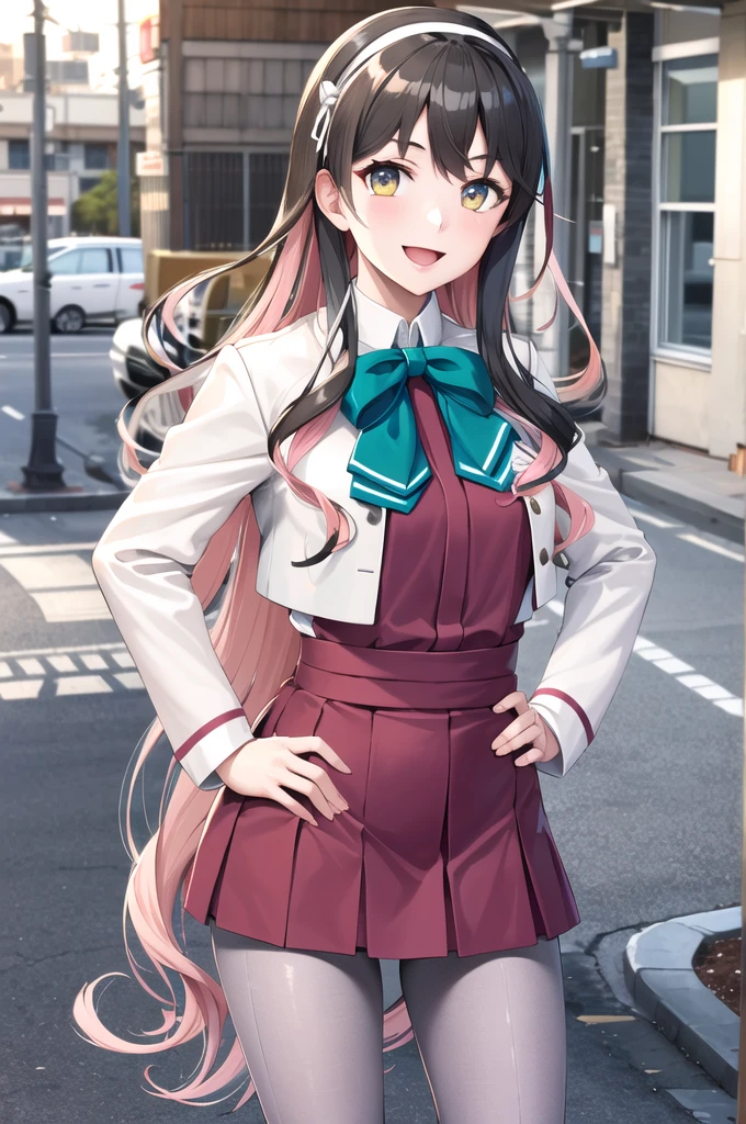 masterpiece, Highest quality, High resolution, Hmm, Profited \(Kantai Collection\), Multicolored Hair, White hair band, White jacket, Purple Dress, , Grey pantyhose, Aqua Bow Tie, Long sleeve, Cowboy Shot, Standing outdoors, Hands on hips, smile, Open your mouth,