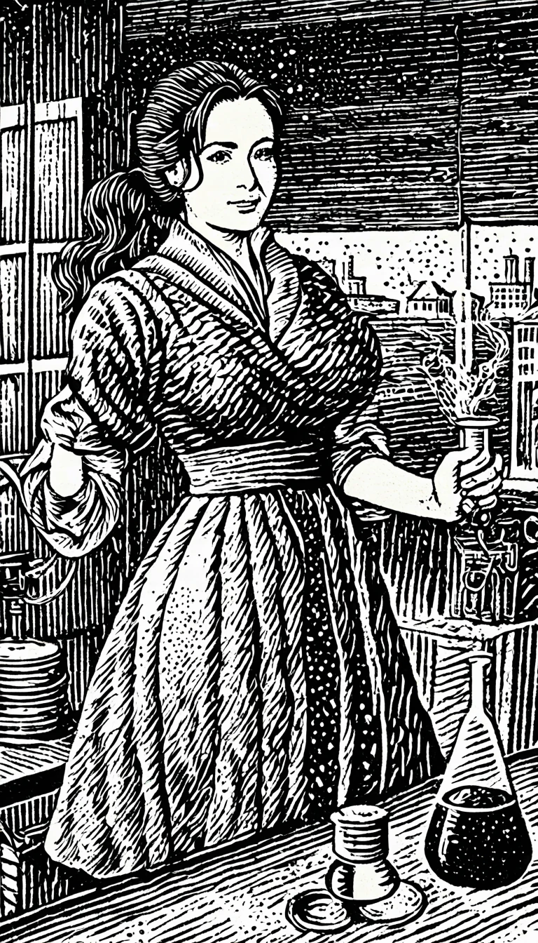 (Black and white woodcut:1.5)、(Second floor in black and white.)、foreground, dark and sinister atmosphere、profile face of a female doctor, long black hair, with long ponytail, huge breasts, dress with cleavage, with long robe with sleeves, outlined curves, wearing a tight black mini skirt, smiling, holding a flask with bubbling liquid, in a chemical laboratory with a microscope on a table, Mysterious、