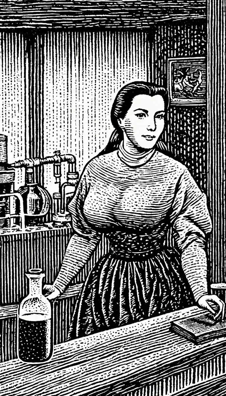 (Black and white woodcut:1.5)、(Second floor in black and white.)、foreground, dark and sinister atmosphere、profile face of a female doctor, long black hair, with long ponytail, huge breasts, dress with cleavage, with long robe with sleeves,  outlined curves, wearing a tight black mini skirt, smiling, holding a flask with bubbling liquid, in a chemical laboratory with a microscope on a table, Mysterious、