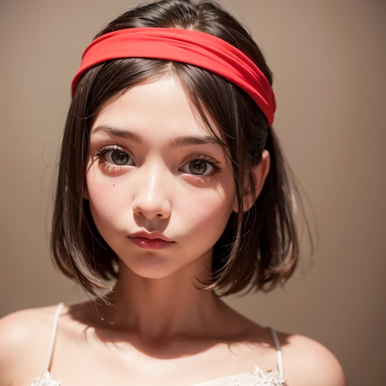 a masterpiece portrait of a beautiful young girl with a small face and a cute expression, wearing a red headband and wearing eyelashes, in a , shot with a DSLR camera, high-quality 8k UHD image with realistic skin details, detailed facial features, rim lighting, and a beautiful bokeh background,