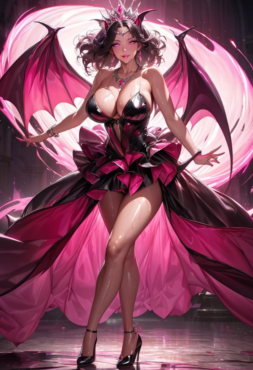 Young beautiful woman,(Highest quality,Extremely detailed depiction,Incredibly absurd high resolution,Anatomically accurate depiction,Two lovely hands, Five perfect fingers,Curvy Legs),(Glowing Skin,Shiny skin,Oilskin),(((Succubus transforming into a princess))),(Princess Dress,Luxurious accessories,necklace,Earrings,bracelet,A luxurious tiara),eyelash,(Glowing pink eyes,There is cleavage in the chest,A seductive smile,Large Breasts,Glossy Lips,Inviting gesture),Sweat,whole body,background:Dance