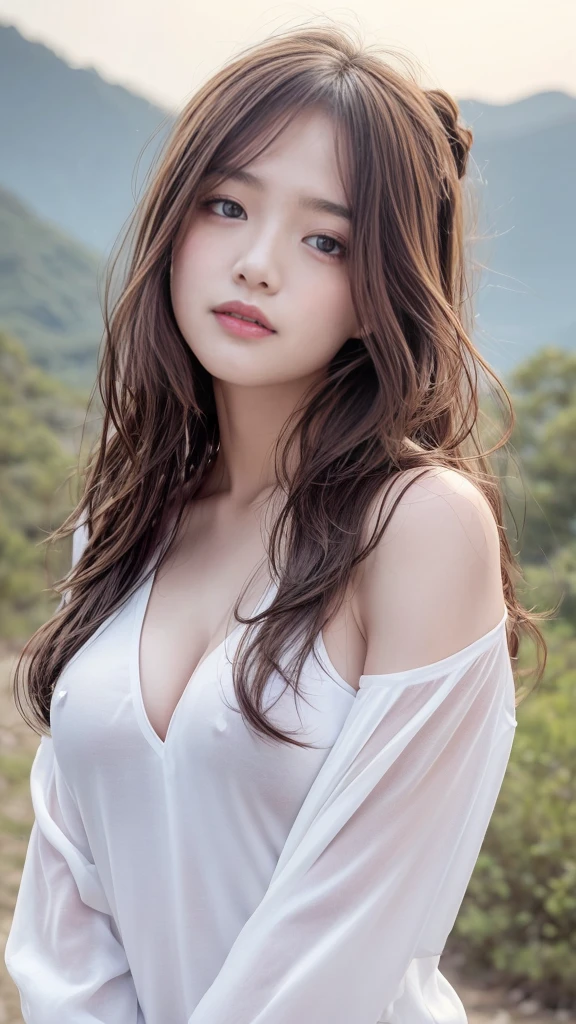 (( Realistic light, Best quality, 8k, Masterpiece :1.3)), 1girl, small mole under eyes, smile, closed eyes, small moles on the breast, Pretty woman with slender figure :1.4, abs :1.1, korean, pale-skin, (floatingwavy silk-brown hair, floating hair by wind, big_breasts :1), (deep_cleavage), white offshoulder shirt:1.2, long sleeves wet by wind, (sweaty skin:1.3), standing, night in the mountain, campfire light, Ultra-detailed face, Detailed eyes, Double eyelid, shiny skin, cowboy shot
