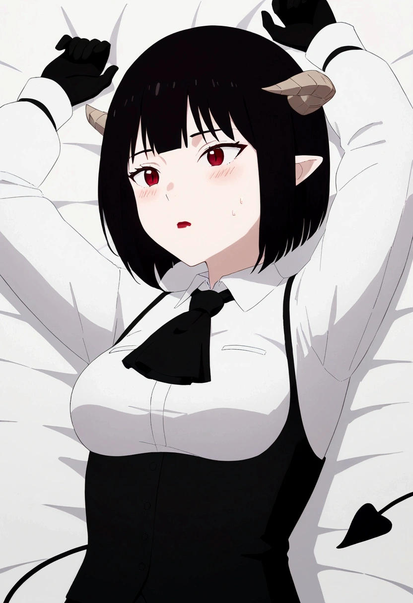 work of art, best qualityer, high resolution, 1girl horns short hair demon tail, white shirt black ascot black gloves black pants black vest lying on your back, sheet, arms up,blushed,face red