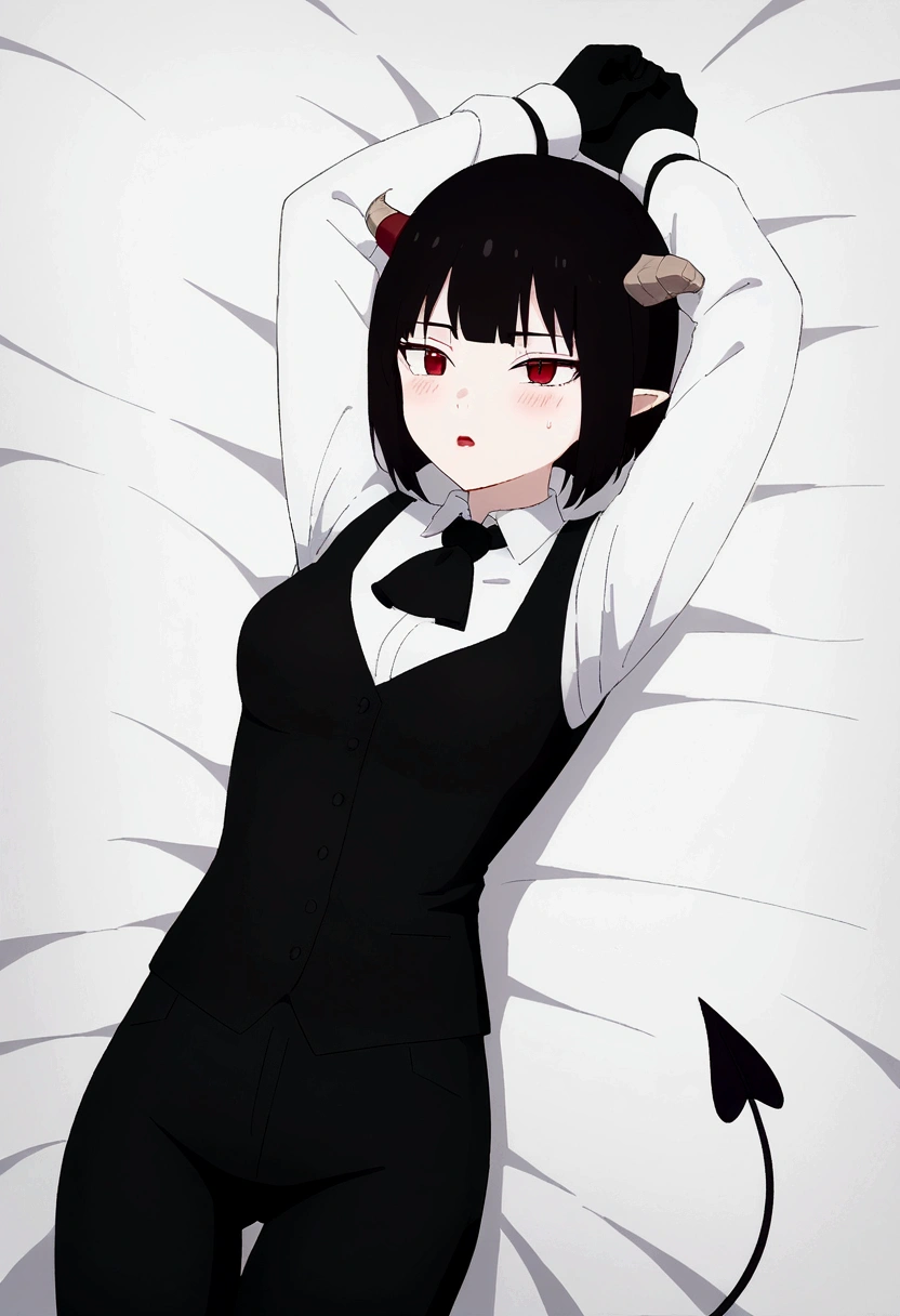 work of art, best qualityer, high resolution, 1girl horns short hair demon tail, white shirt black ascot black gloves black pants black vest lying on your back, sheet, arms up,blushed,face red