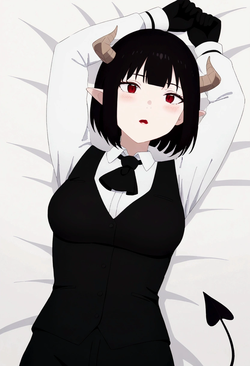 work of art, best qualityer, high resolution, 1girl horns short hair demon tail, white shirt black ascot black gloves black pants black vest lying on your back, sheet, arms up,blushed,face red
