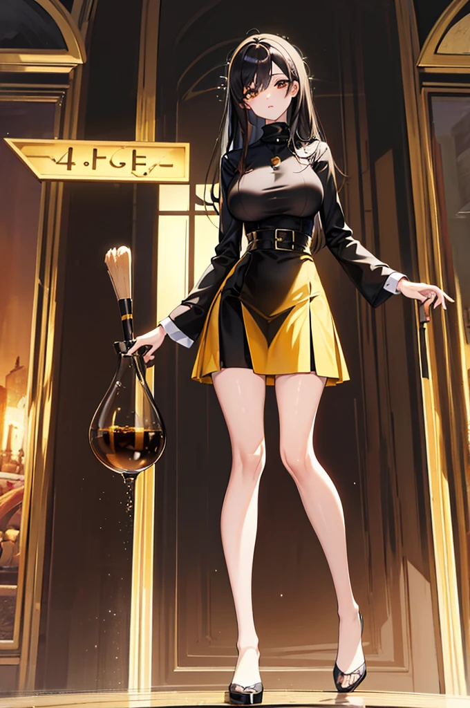4K, high resolution, Best quality, Masterpiece, perfect colors, perfectly shaded, Perfect lighting, anthro, Female, 157 cm tall, Hourglass waist, large bust. and large hips, brown eyes, long black hair. Honey yellow skin, Black turtleneck, tight black mini skirt