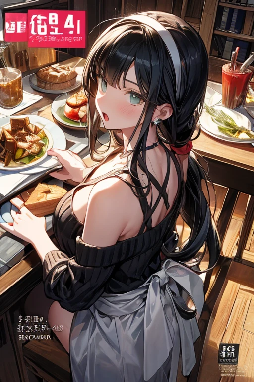 (small breasts:1.3), (perky chest:1.1), (pointed chest:1.0), (fashion magazine cover:1.3),(from below:1.0),(from side:0.9),masterpiece, 1girl, Amazing Cleavage:1.1, thin waist, big ass, Raised sexy, small breast: 1.3, posed cleavage:1.2、solo, looking at viewer, open mouth, have a cute grass of cute beergrass,black hair, dark green eyes, dress, bare shoulders, jewelry, collarbone, sidelocks, hairband, earrings, indoors, off shoulder, :o, sweater, arms behind back, plant, short hair with long locks, gild hairband, off-shoulder dress, sweater dress, off-shoulder sweater, red sweater, dark gord hair, big side hair, very long side hair,is rendered in (masterpiece: 1.2, best quality), with (ultra high resolution) and an exquisite (depth of field). This masterpiece is not only visually stunning but also tells,A scene of cooking in the kitchen by classroom