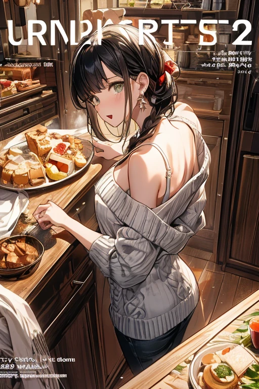 (small breasts:1.2), (perky chest:1.2), (pointed chest:1.2), (Pudding cake magazine cover:1.3),(from above:1.0),(from side:0.9),masterpiece, 1girl, Amazing Cleavage:1.1, thin waist, big ass, Raised sexy, posed cleavage:1.2、solo, looking at viewer, open mouth, have a cute grass of cute beergrass,black hair, dark green eyes, dress, bare shoulders, jewelry, collarbone, sidelocks, hairband, earrings, indoors, off shoulder, sweater, arms behind back, plant, short hair with long locks, gild hairband, off-shoulder dress, sweater dress, off-shoulder sweater, red sweater, dark gord hair, big side hair, very long side hair,is rendered in (masterpiece: 1.2, best quality), with (ultra high resolution) and an exquisite (depth of field). This masterpiece is not only visually stunning but also tells,A scene of cooking in the kitchen by classroom