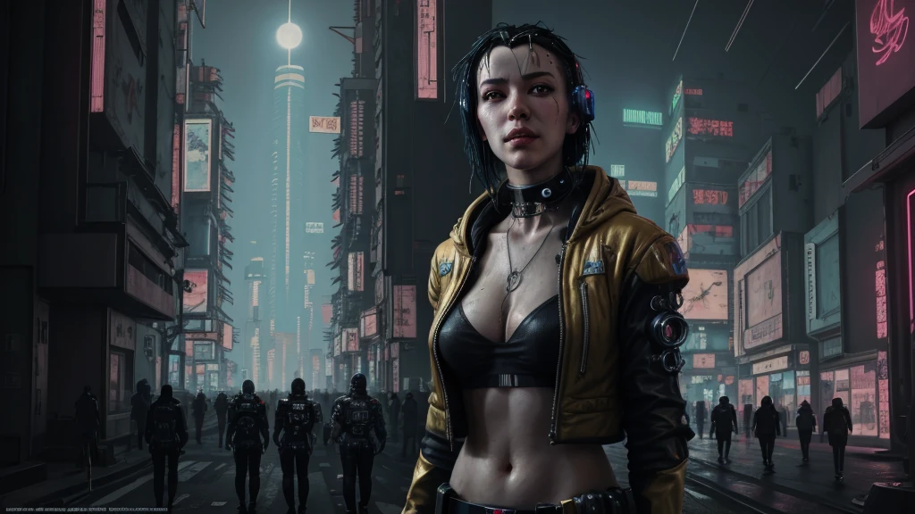 (((cyberpunk style))), wallpaper of a female Astronaut on a dangerous planet, Bill Henson, standing on top of a mountain, hyper-detailed face, black hair, realistic golden eyes, sensual body, hyper-detailed , 8k resolution
