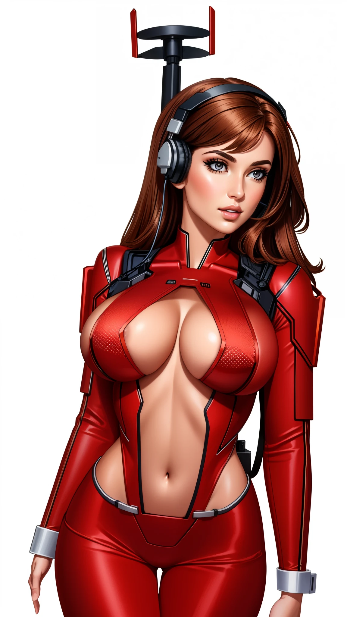 gorgeous woman, brown hair, red bodysuit, navel, cleavage cutout, mechanical antenna interface headset, looking at viewer, 


blank background, white background,