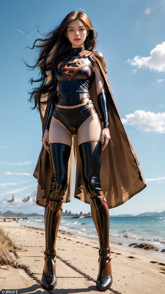 Masterpiece, best quality, NVIDIA RTX, 1girl, full makeups, extremely beautiful, orange wavy hair, hair blown by winds, sharp picture, realistic face and skin details, cinematic lightning, facing camera, intricate details, ((Supergirl)), ((tight bodyshape suit)), ((latex panties:1.3)), ((limbs metalic armor:1.3)), ((wearing black tights on your beautiful legs:1.2)), ((Supergirl symbol)), ((cameltoe:1.4)), perfect face, fit body, tall, (cape blown by strong winds:1.3), ((full body)), posing in the middle, symmetrical pose, ultra lights reflection, morning at the beach, from below