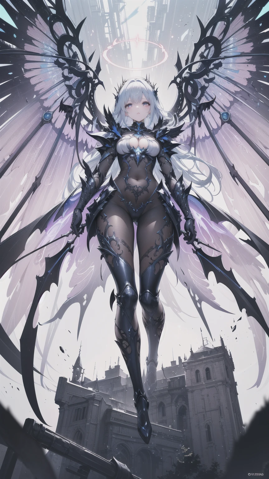 (best quality, masterpiece, colorful, dynamic angle, from below, highest detailed)upper body photo,full body photo,fashion photography of cute mechangel,glowing 4 wings,solo,glowing armor,glowing halo,building,glowing mechanical 4 wings (intricate details, hyperdetailed:1.15),detailed,light passing through hair,(official art, extreme detailed, highest detailed),HDR+,