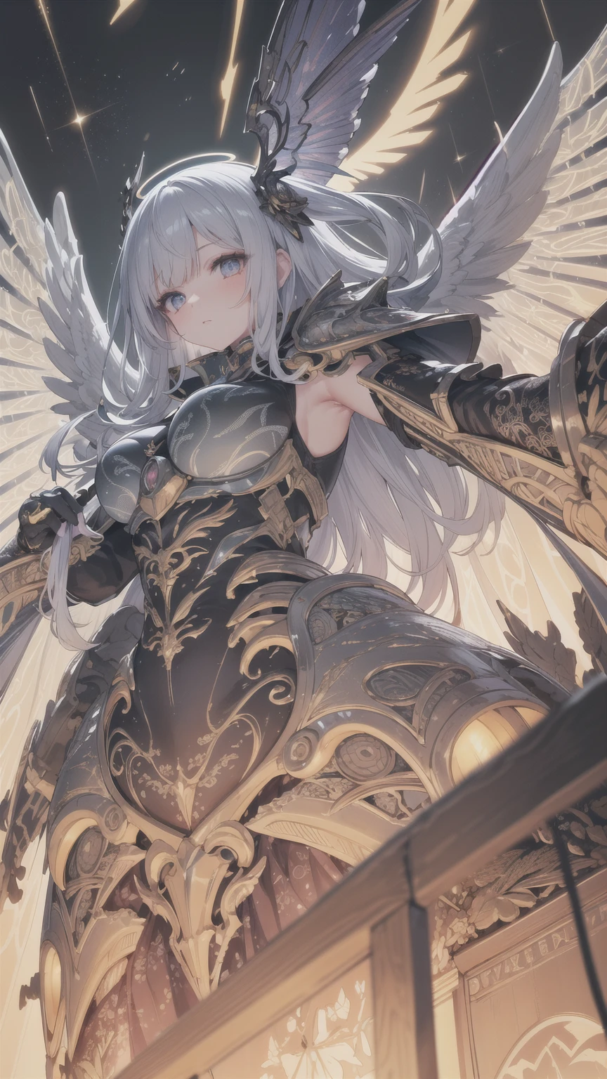 (best quality, masterpiece, colorful, dynamic angle, from below, highest detailed)upper body photo,full body photo,fashion photography of cute mechangel,glowing 4 wings,solo,glowing armor,glowing halo,building,glowing mechanical 4 wings (intricate details, hyperdetailed:1.15),detailed,light passing through hair,(official art, extreme detailed, highest detailed),HDR+,