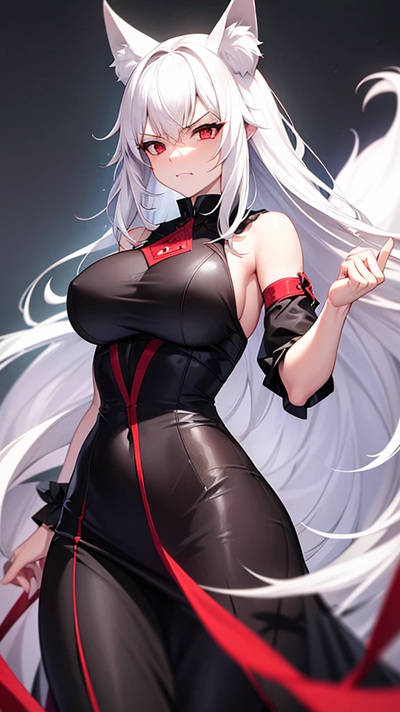 An adult woman, half fox and wolf, white hair, red eyes, wide , very angry, standing, in a black dress