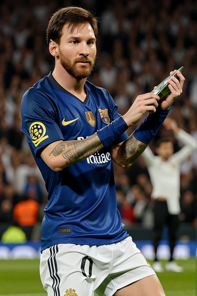 Show me a picture of Lionel Messi holding puskas award