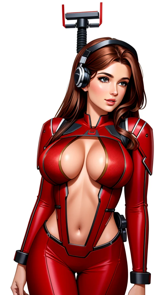 gorgeous woman, brown hair, red bodysuit, navel, cleavage cutout, mechanical antenna interface headset, looking at viewer,
blank background, white background,