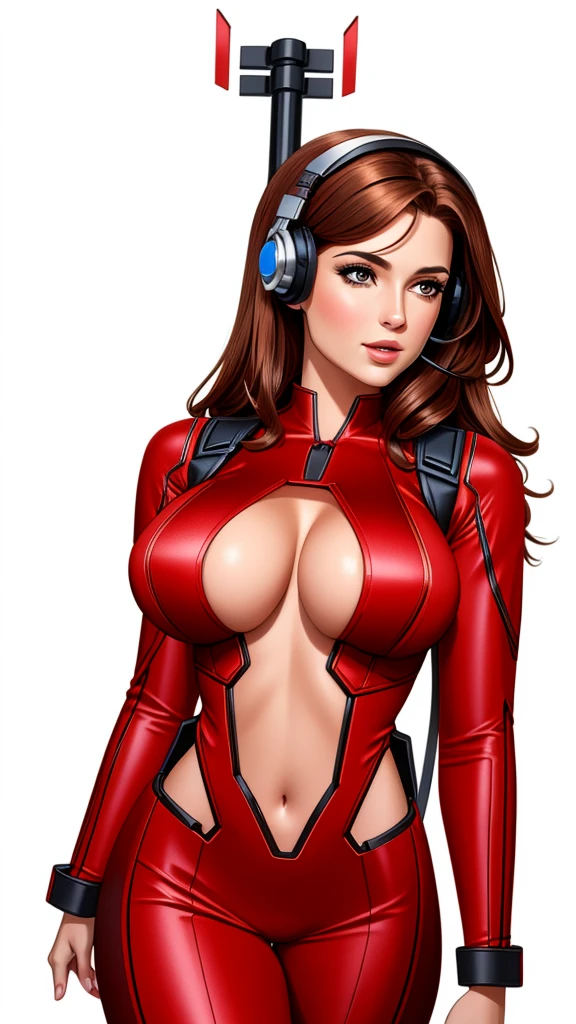 gorgeous woman, brown hair, red bodysuit, navel, cleavage cutout, mechanical antenna interface headset, looking at viewer, 


blank background, white background,