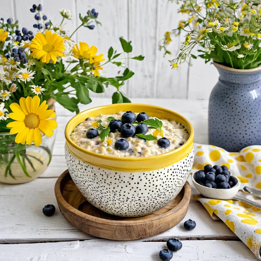 rustic , Overnight oats with fresh blueberries in a prussian yellow rustic style bowl on a rustic white wood table at the blooming outdoor garden , rustic vase with wild flowers and herbs , yellow white polka dot napkin , stoneware coffee mug
