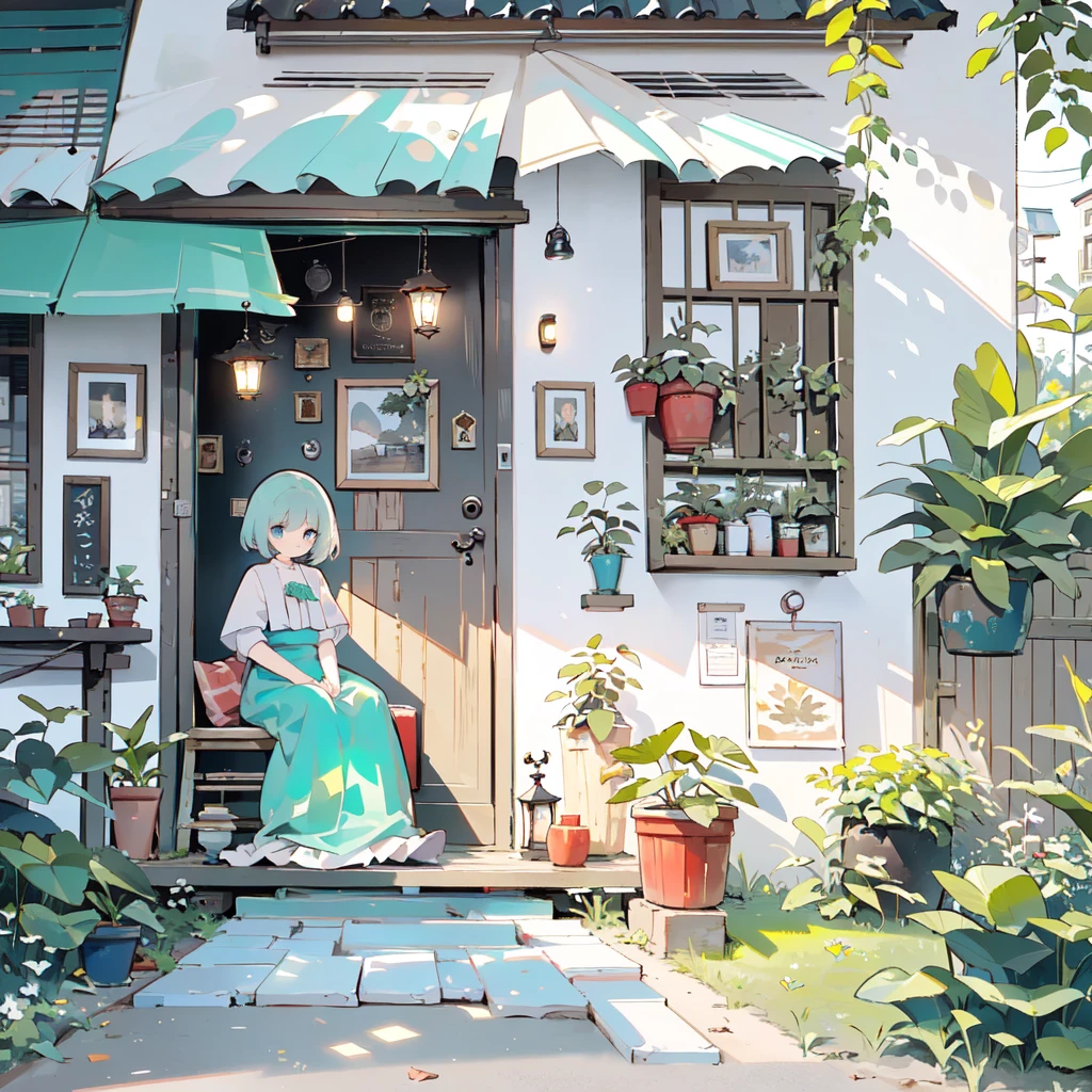 ((There is a woman sitting in the yard)), (rustic, Close-up of a , Door bars，Courtyard view, potted，a plant), Ghibli background style, Yuru Chara style，cute storybook illustration, , gentlesoftlighting, cream, Giorgio Morandi Colors, thick line graph, full-colour illustration, cover illustration，dabai style, (lamplight:1.0)，tmasterpiece，Best quality,