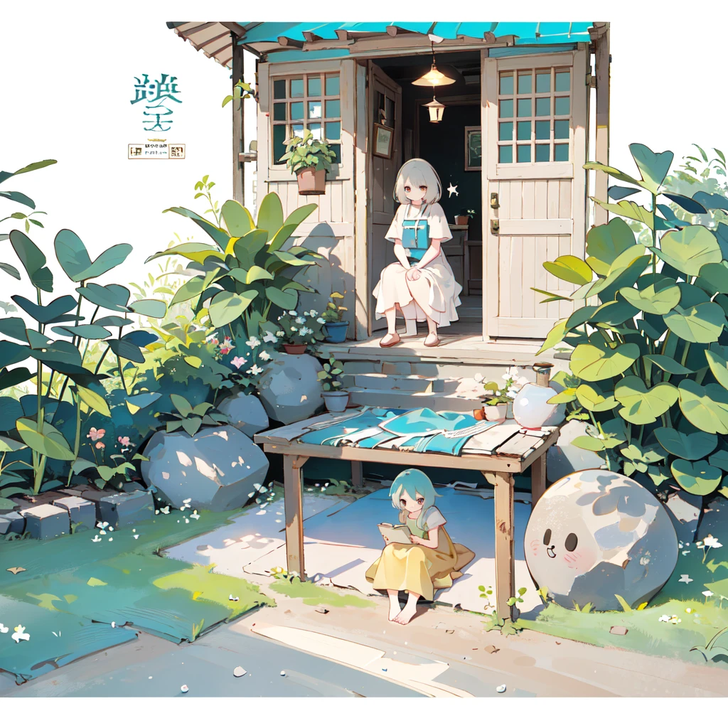 ((There is a woman sitting in the yard)), (rustic, Close-up of a , Door bars，Courtyard view, potted，a plant), Ghibli background style, Yuru Chara style，cute storybook illustration, , gentlesoftlighting, cream, Giorgio Morandi Colors, thick line graph, full-colour illustration, cover illustration，dabai style, (lamplight:1.0)，tmasterpiece，Best quality,