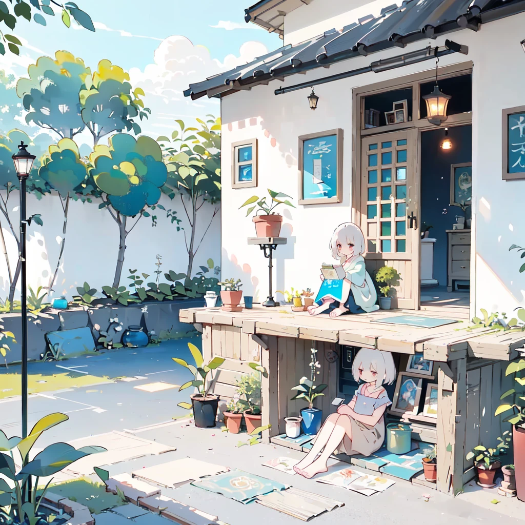 ((There is a woman sitting in the yard)), (rustic, Close-up of a , Door bars，Courtyard view, potted，a plant), Ghibli background style, Yuru Chara style，cute storybook illustration, , gentlesoftlighting, cream, Giorgio Morandi Colors, thick line graph, full-colour illustration, cover illustration，dabai style, (lamplight:1.0)，tmasterpiece，Best quality,