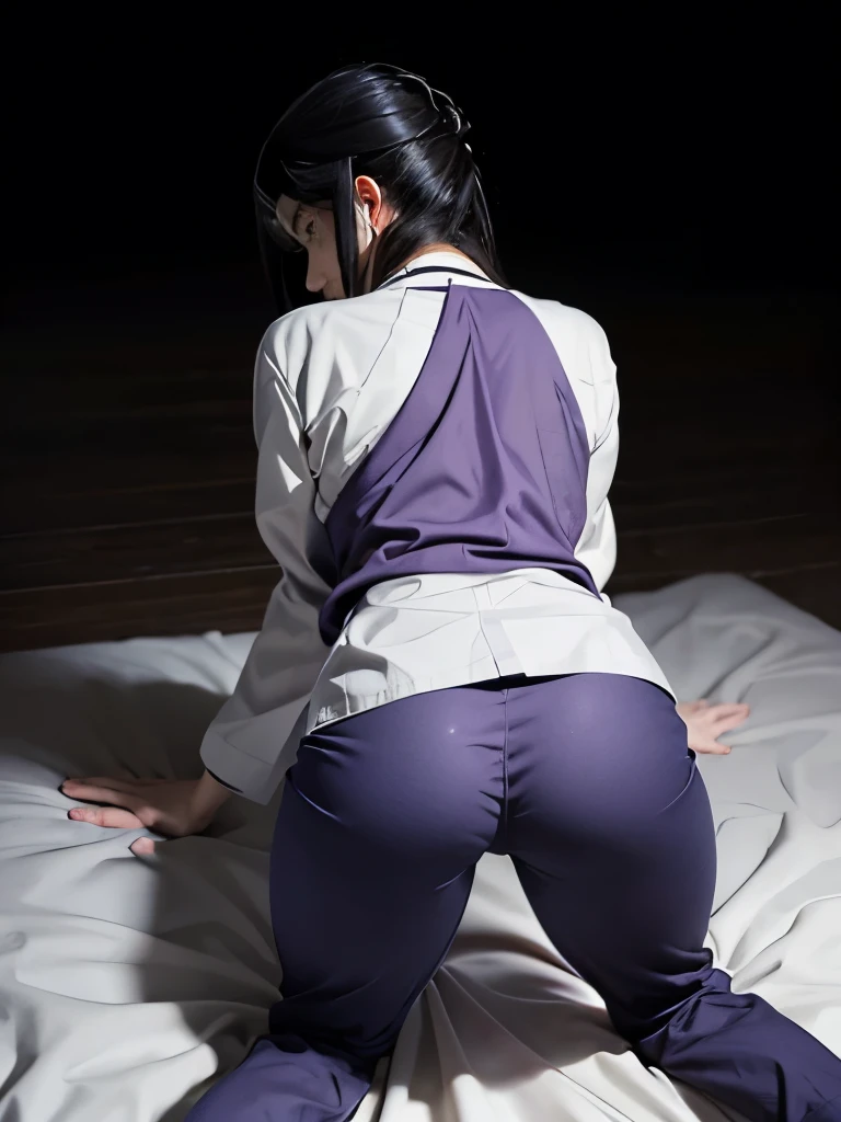 1 girl, Hyuga Hinata in the anime Naruto, long hair, black hair, white eyes, Very angry, Beautiful, purple clothes, Medium breasts, realistic clothes, Clothing Detail, ultra detail, realistic, lying on his stomach, knees bent, legs spread wide, purple skinny pants,trousers torn at the groin, hands behind your back ,hands tied with rope at the wrists, view from the back, the back is arched back, Knees on the bed