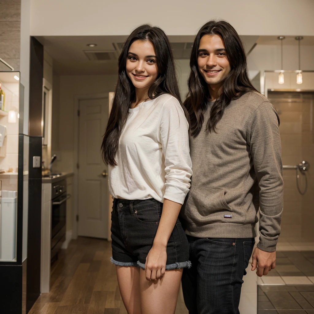 A brunette girl with long, black hair and brown eyes is smiling while standing next to her man.