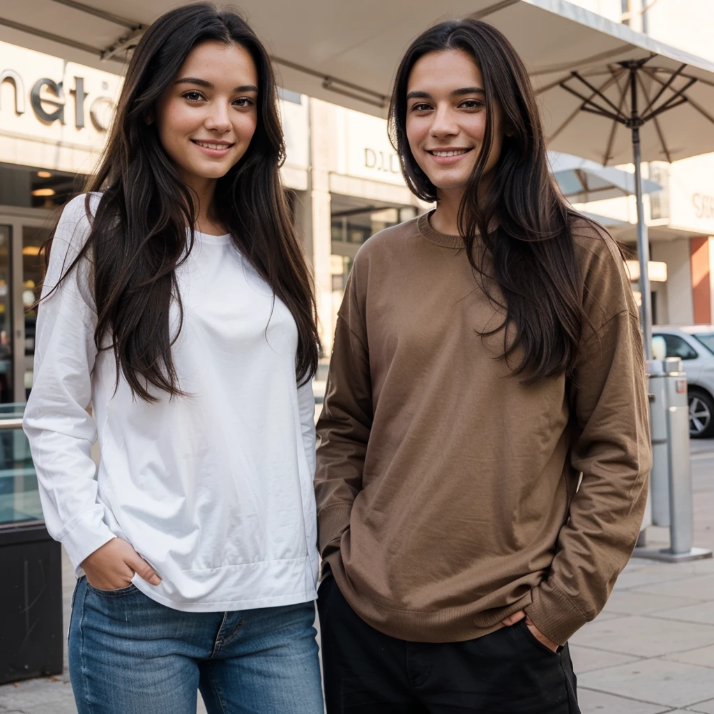 A brunette girl with long, black hair and brown eyes is smiling while standing next to her man.