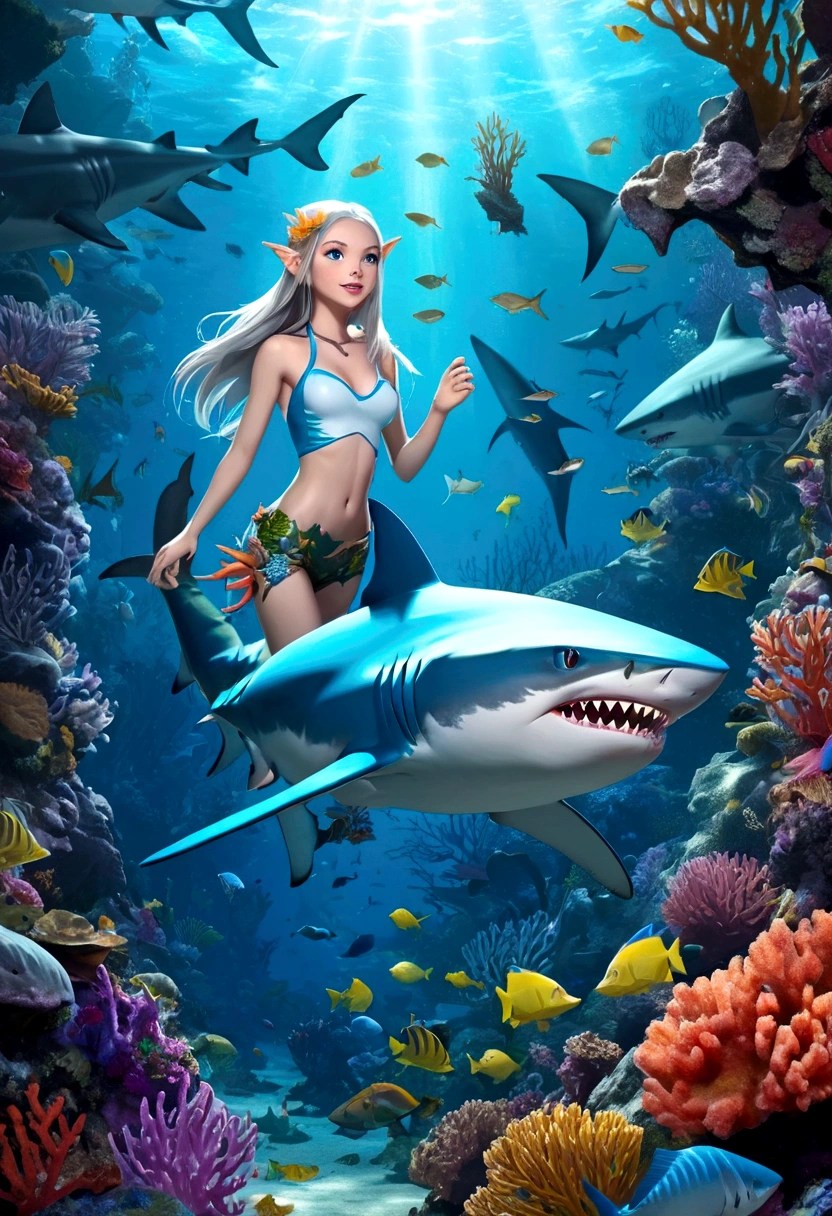 Fantasy Undersea,Shark elf girl has a shark-like appearance,blue eyes,Sharp fangs,Squamous skin, Shark fin feature on back,View from behind,,Floating in seaweed underwater fantasy scene, coral, And tropical fish, Detailed and realistic 3D rendering, light, Bright colors, Concept art style