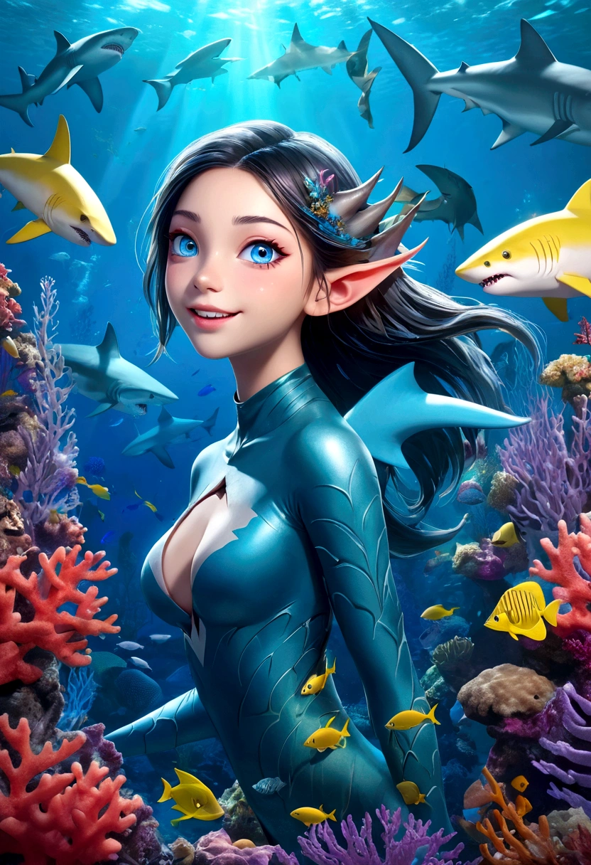 Fantasy Undersea,Shark elf girl has a shark-like appearance,blue eyes,Sharp fangs,Squamous skin, Shark fin feature on back,View from behind,,Floating in seaweed underwater fantasy scene, coral, And tropical fish, Detailed and realistic 3D rendering, light, Bright colors, Concept art style