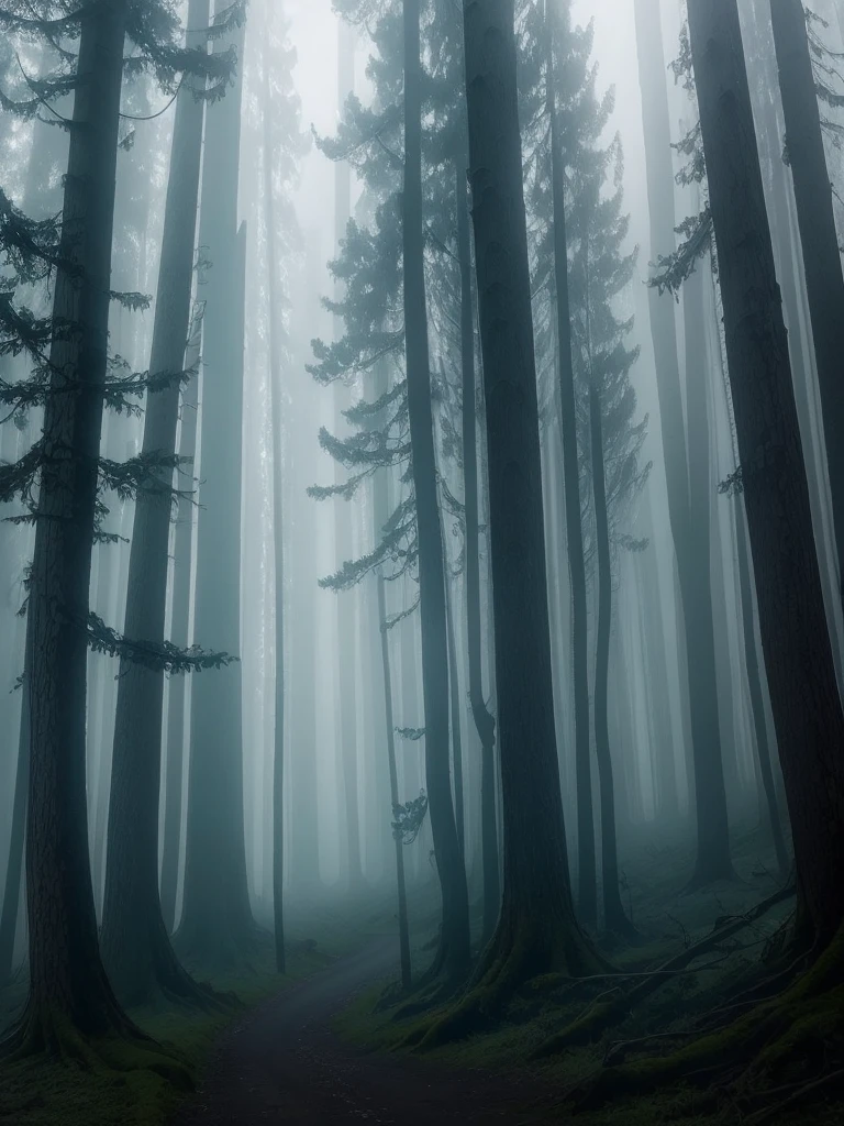 Foggy Tree、foggy forest、mystical forest、dark  forest、Huge forest of fog、Strong, mysterious and scary forest、ominous and eerie forest、beautiful misty wood。