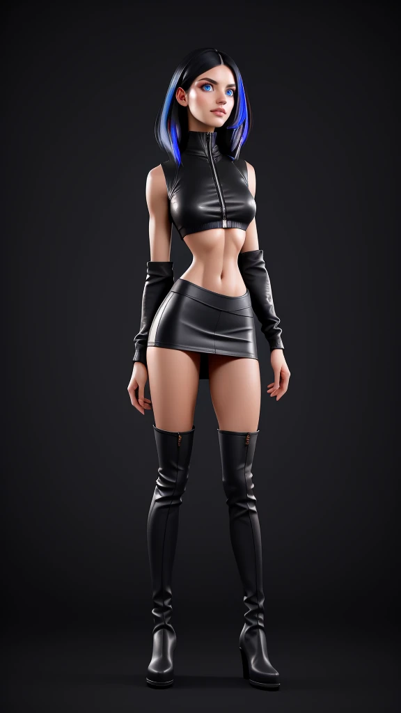 beautiful girl, ((standing:1.4)), (confident gaze:1.1), full body, (short bright neon streaked black hair:1.3), ((realistic highly detailed eyes:1.4)), ((seductive pose:1.2)), fit, Athletic, lean, slender abs, black eyeshadow, (street style wear:1.2), ((short skirt)), ((knee high leather boots)),((light plain background:1.4)), dark makeup, digital art, trending on artstation, highly detailed, fine detail, intricate, detailed facial features, sharp focus, smooth, aesthetic,