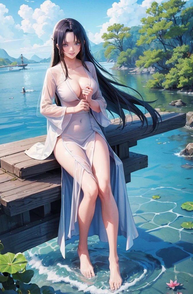 ((4k,masterpiece,best quality)), shuimobysim, Chinese painting, lotus, hanfu, maxiskit, dress open, swf 1girl, solo, long blue hair, smile, standing, feet in the water, barefoot,