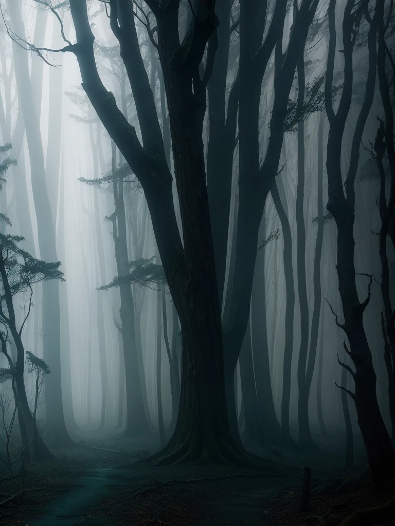 Foggy Tree、foggy forest、mystical forest、dark forest、Huge forest of fog、Strong, mysterious and scary forest、ominous and eerie forest、beautiful misty wood。