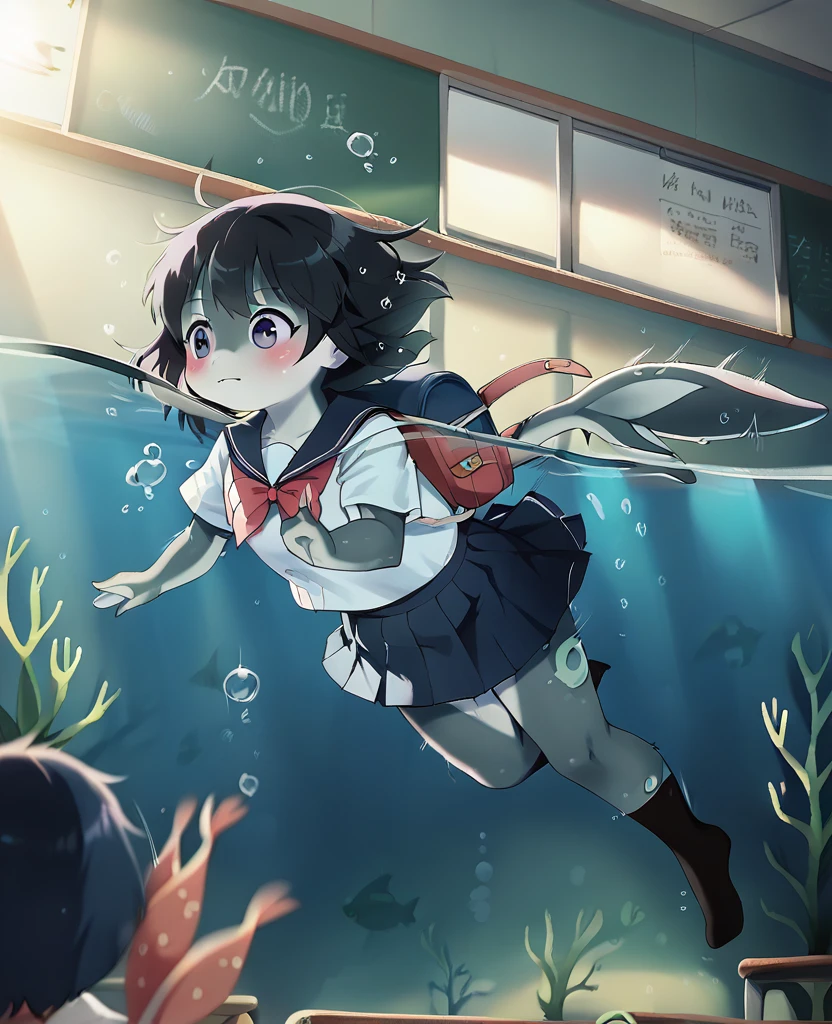 A young female dolphin student in a school uniform, playfully swimming through an underwater classroom (Her sleek gray body and bottlenose visible beneath her clothes，best quality, masterpiece, ultra-detailed, intricate, illustration, detailed lighting, underwater lighting, caustics, motion blur, lens flare, 1 anthropomorphic character, dolphin girl, school uniform, underwater classroom, seaweed decorations, coral reef, fish swimming in background, waterproof books, pencils, backpack, playful expression, sleek gray skin, dorsal fin, flippers, bottlenose, classroom decorations, underwater chalkboard, other sea creature students in background, bubbles, 4k, hyper realistic