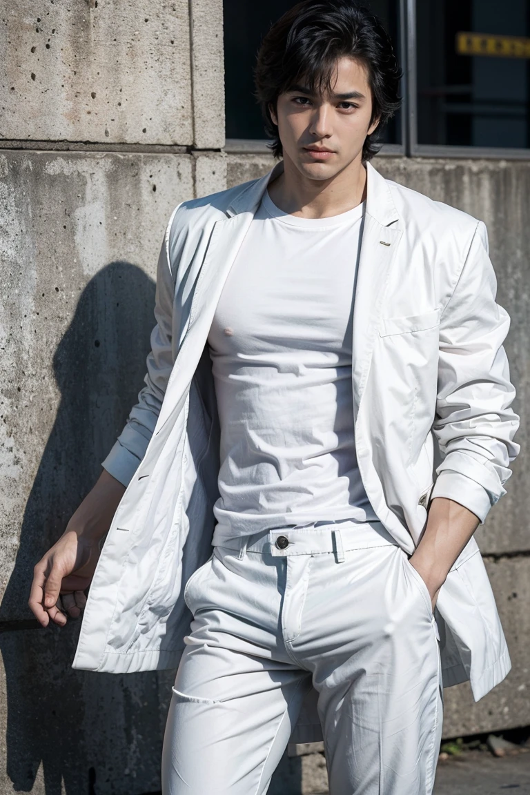 (saeba ryo city hunter ) ,Wearing white pants,white jacket,black shirts,standing,erect penis,exposed penis,beautiful penis,(beautiful penis:1.2),