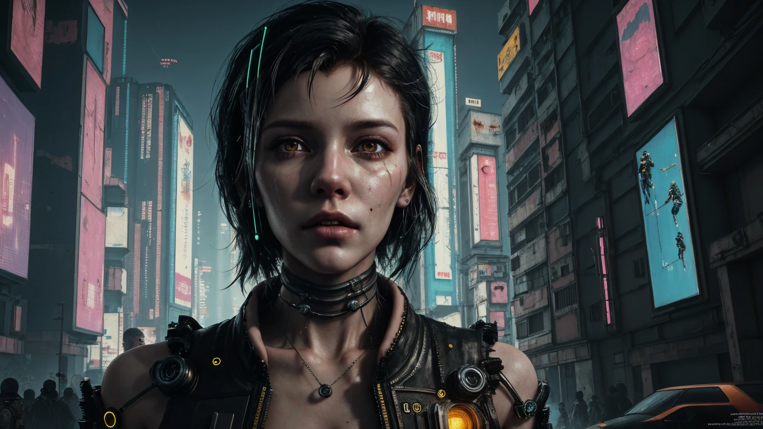 (((cyberpunk style))), wallpaper of a female Astronaut on a dangerous planet, Bill Henson, standing on top of a mountain, hyper-detailed face, black hair, realistic golden eyes, sensual pose, hyper-detailed , 8k resolution