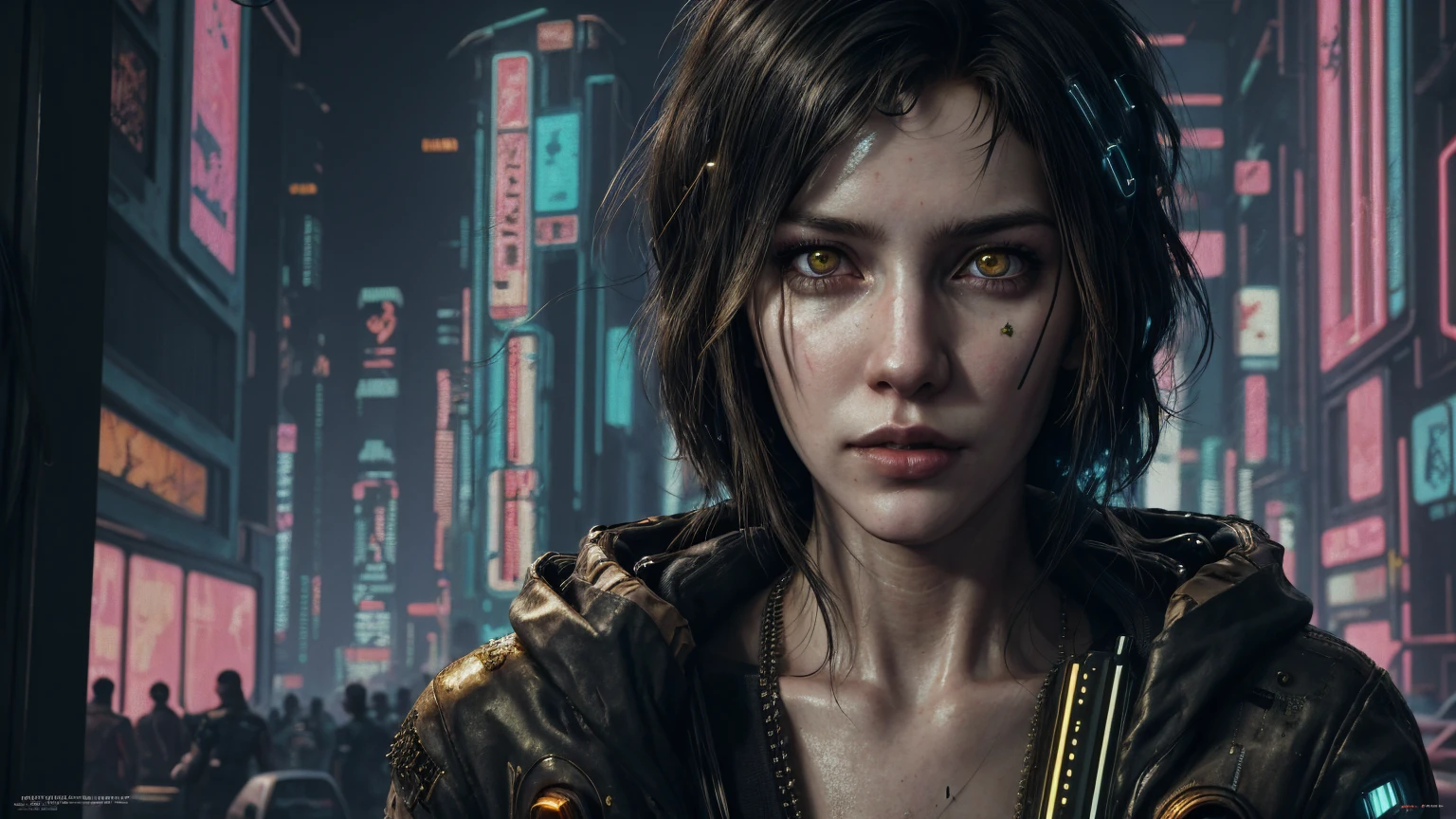 (((cyberpunk style))), wallpaper of a female Astronaut on a dangerous planet, Bill Henson, standing on top of a mountain, hyper-detailed face, black hair, realistic golden eyes, sensual pose, hyper-detailed , 8k resolution