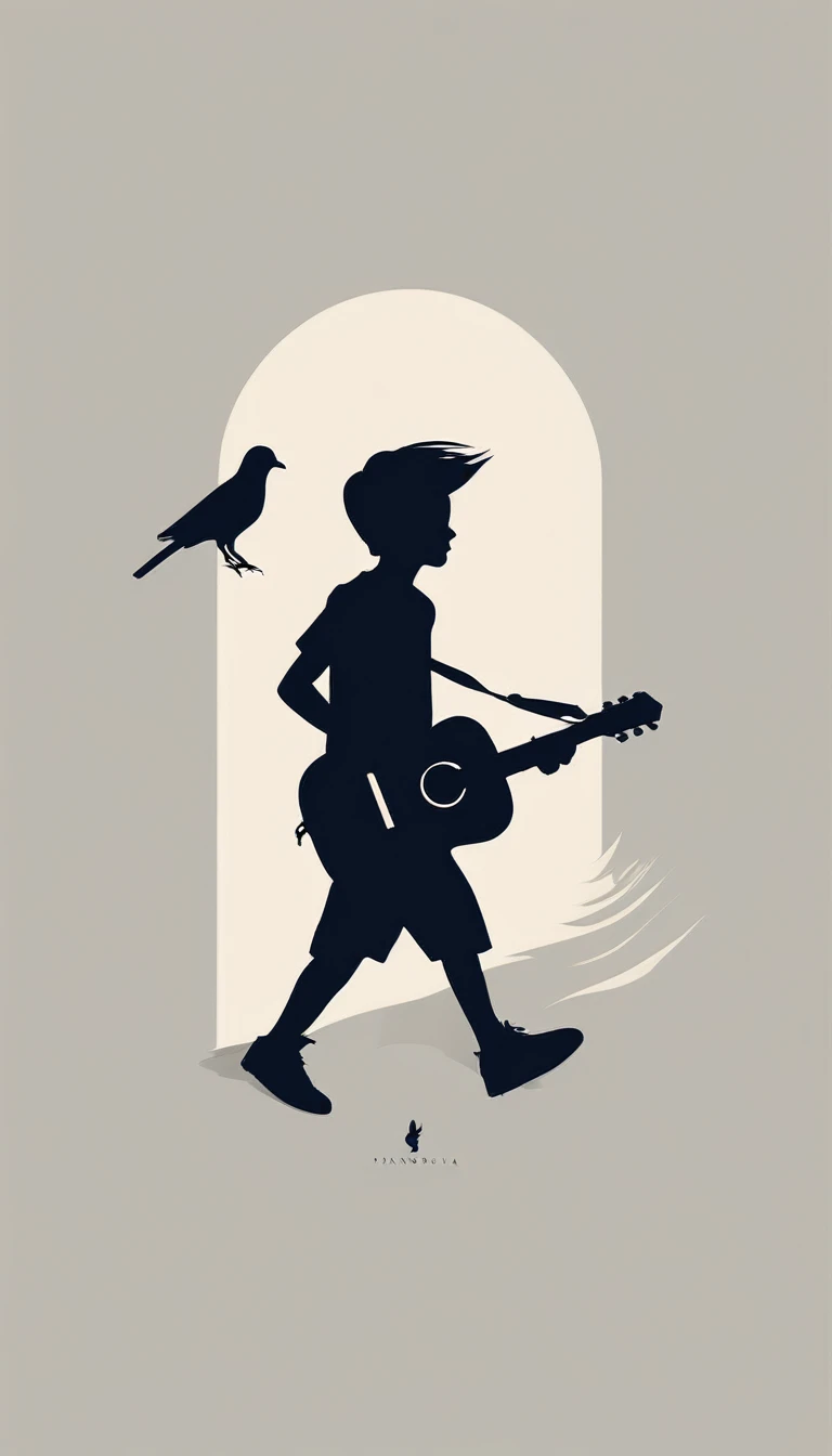 Create a modern, minimalistic logo design for a brand about music and movies called " Penamemoria. The logo must be in minimalistic style and convey a sense of storytelling. The logo is the silhouette of a boy running with open arms, holding an acoustic guitar in the right hand and a bird feather in the left hand.