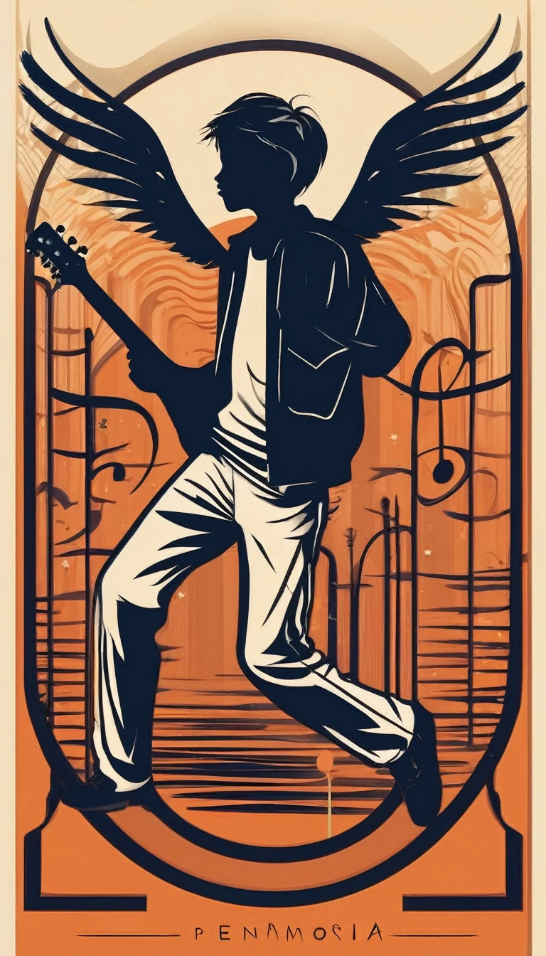 Create a modern, minimalistic logo design for a brand about music and movies called " Penamemoria. The logo must be in minimalistic style and convey a sense of storytelling. The logo is the silhouette of a boy running with open arms, holding an acoustic guitar in the right hand and a bird feather in the left hand.