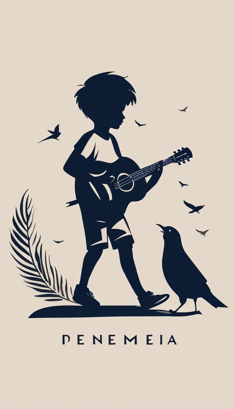 Create a modern, minimalistic logo design for a brand about music and movies called " Penamemoria. The logo must be in minimalistic style and convey a sense of storytelling. The logo is the silhouette of a boy running with open arms, holding an acoustic guitar in the right hand and a bird feather in the left hand.