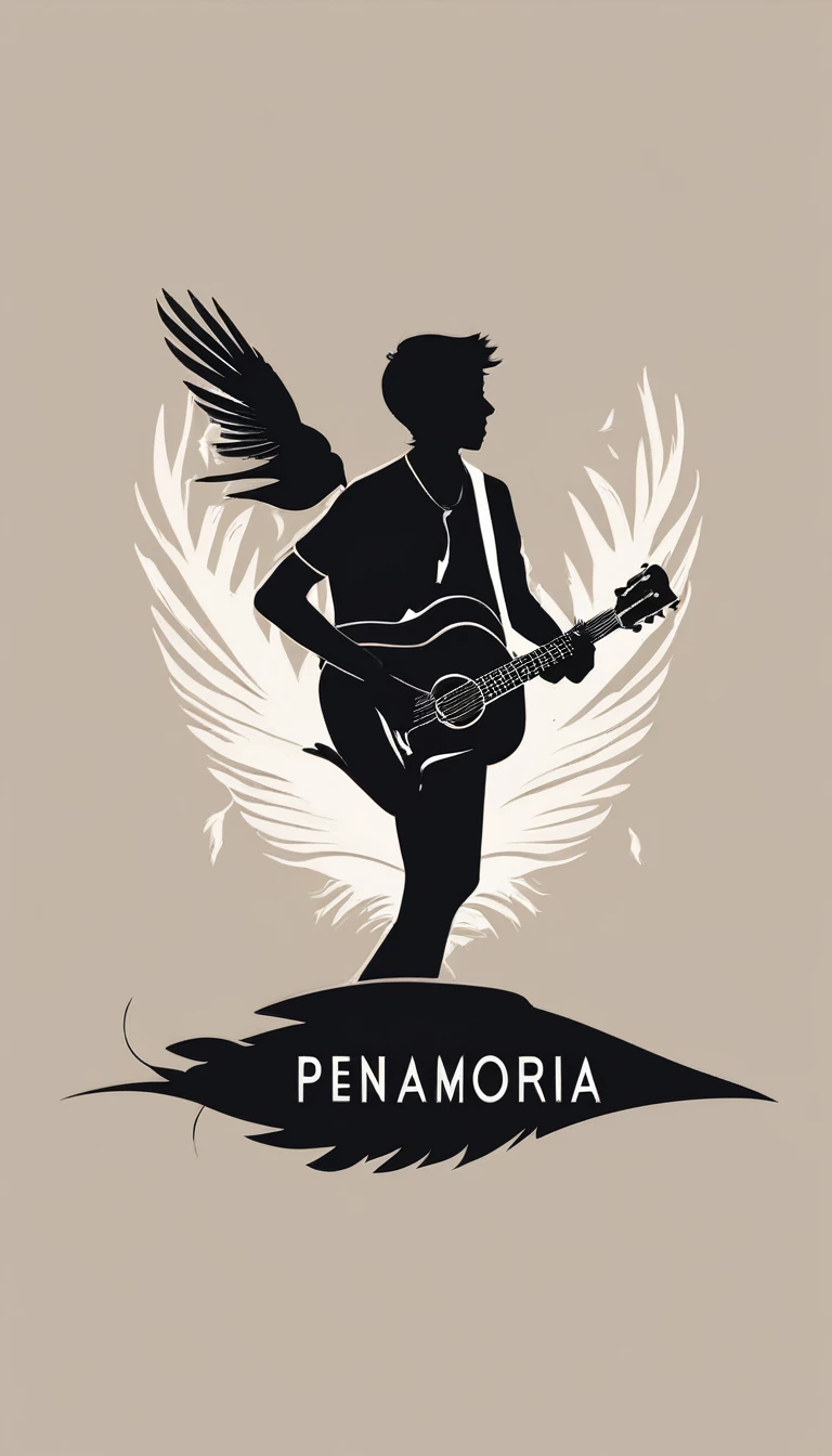 Create a modern, minimalistic logo design for a brand about music and movies called " Penamemoria. The logo must be in minimalistic style and convey a sense of storytelling. The logo is the silhouette of a boy running with open arms, holding an acoustic guitar in the right hand and a bird feather in the left hand.