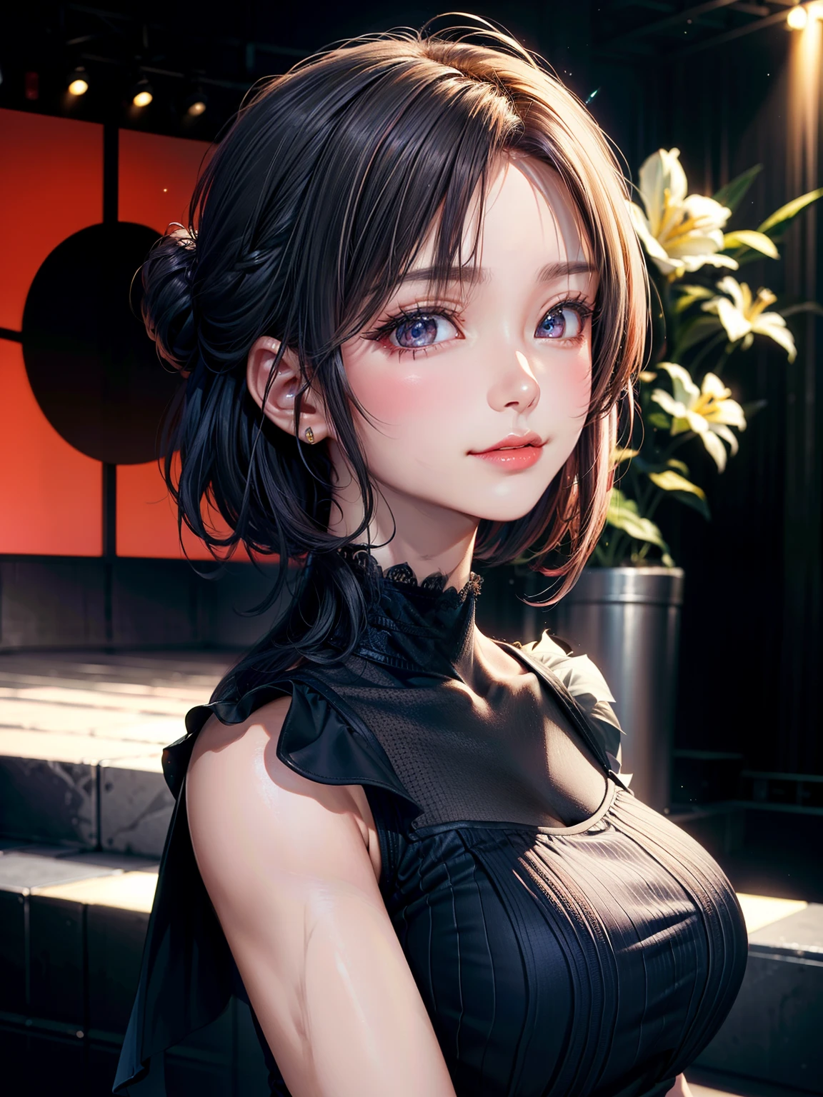((Best of the highest quality, 8k, Masterpiece, raw photo: 1.2)), (Sharp focus: 1.2), (1 AESPA, slim body type female, 22 y/o: 1.1), solo, Portrait Waist Up, (realistic, photo-realistic:1.37), face focus, cute face, finely eyes, (forehead: 1.12), (sharp chin, droopy eyes: 1.32), (Emphasize prominent aegyo-sal with bright: 1.2), shimmering eyeshadow applied under the lower lash line, paired with thick, (short bob hair, updo: 1.28), alternative outfit, walking on stage, microphone, flower,