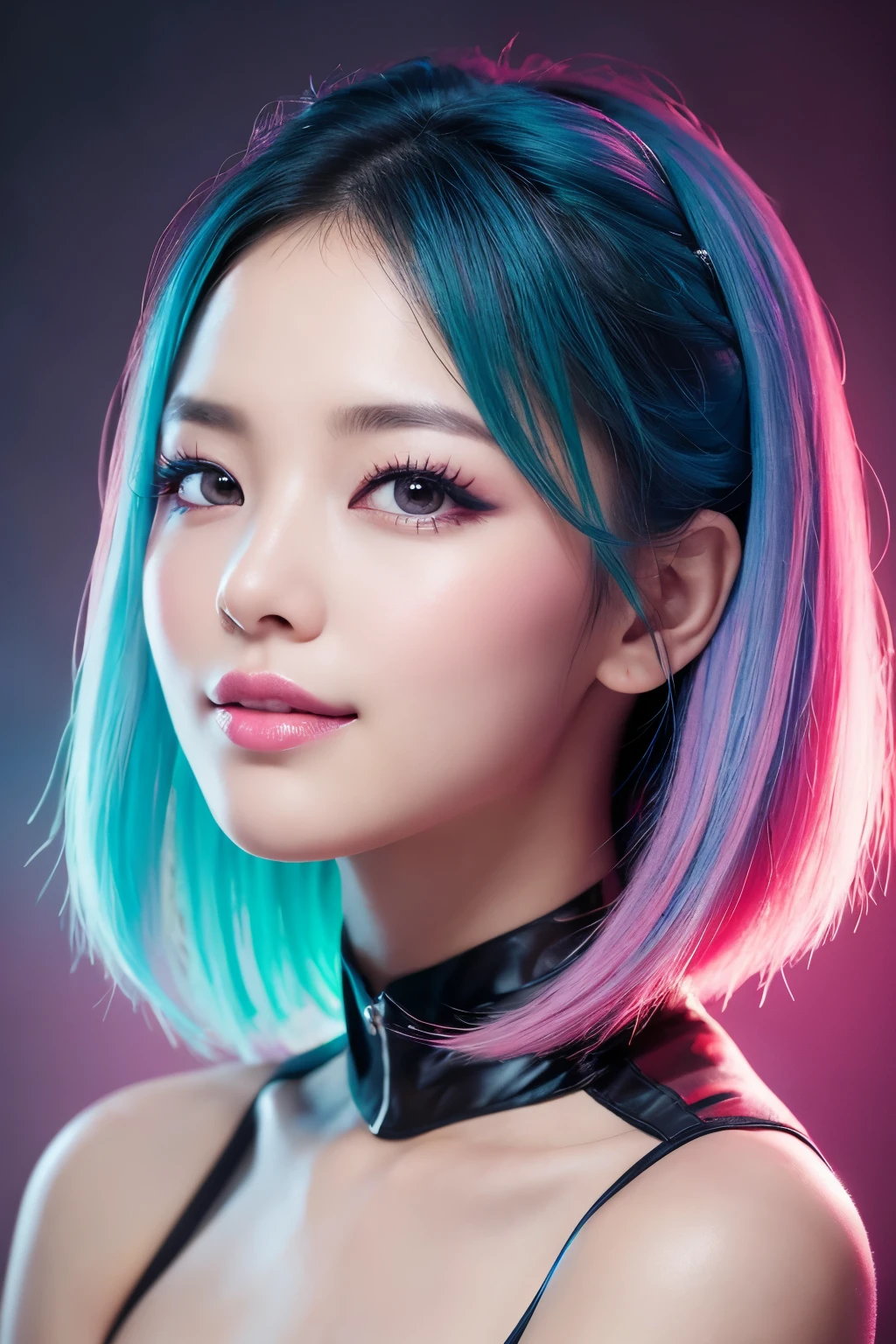 high quality, High resolution, masterpiece, completion, detailed.impressive, Cutting-edge female photography portraits, Showcasing a bold and daring street-art style. Facing forward、A gentle smile、Soft look, cyan, and purple, Her vibrant makeup really catches the eye.. Her colorful hair is tied up high, Blue and pink hues in harmony. 背景には蛍光クロムイエローand purpleの魅惑的なグラデーションが施されています, Blends seamlessly with the dynamic colors of your subject. An unforgettable image